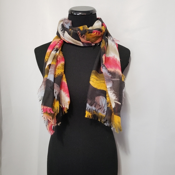 Black Multi-Color Feather Print Scarf, Light - Picture 5 of 7